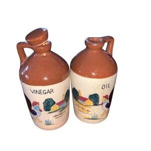 Vintage Relco Blue Roosters On The Farm Oil & Vinegar Cruet Brown Jug